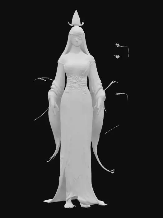3D model for mystical glowing figure standing in a hypnotic environment, body tall and elegant with soft light, luminous robe covers her entire body, mythical stance, detailed face where it is recognizable, extremely detailed, high sharp resolution texture
