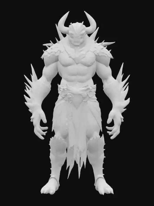 3D model for fantasy demonic humanoid monster, massive muscular body, unnaturally elegant clothing for such a terrifying monster, head resembles a mythical monster, detailed terrifying face, strange spikes and growths all over the body, extremely detailed texture with high sharp resolution, epic stance