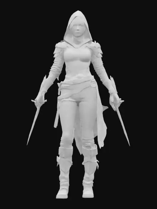 3D model for fantasy female assassin, elegant slim athletic body, body dressed in tight sportswear, extremely detailed, high sharp resolution texture, epic stance