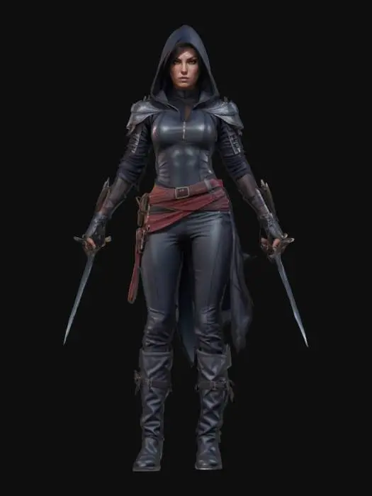 3D model for fantasy female assassin, elegant slim athletic body, body dressed in tight sportswear, extremely detailed, high sharp resolution texture, epic stance