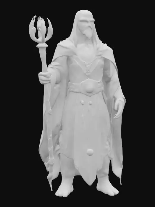 3D model for fantasy magical stone elemental, body made of shapeless stones that distort his entire body, energy emanates from the magical body in the cracks between the stones, body dressed in an elegant robe dotted with magical symbols, a powerful magic wand in his hand, detailed pensive face, extremely detailed, high sharp resolution texture, epic image of an ancient magical creature