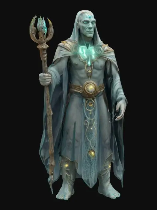 3D model for fantasy magical stone elemental, body made of shapeless stones that distort his entire body, energy emanates from the magical body in the cracks between the stones, body dressed in an elegant robe dotted with magical symbols, a powerful magic wand in his hand, detailed pensive face, extremely detailed, high sharp resolution texture, epic image of an ancient magical creature