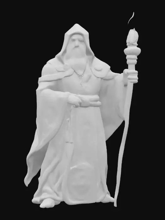 3D model for fantasy magical stone elemental, body made of shapeless stones that distort his entire body, energy emanates from the magical body in the cracks between the stones, body dressed in an elegant robe dotted with magical symbols, a powerful magic wand in his hand, detailed pensive face, extremely detailed, high sharp resolution texture, epic image of an ancient magical creature