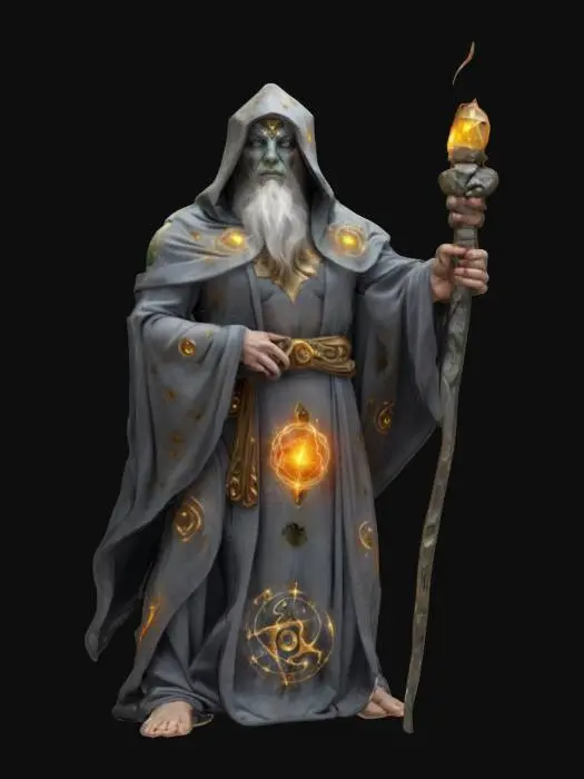 3D model for fantasy magical stone elemental, body made of shapeless stones that distort his entire body, energy emanates from the magical body in the cracks between the stones, body dressed in an elegant robe dotted with magical symbols, a powerful magic wand in his hand, detailed pensive face, extremely detailed, high sharp resolution texture, epic image of an ancient magical creature