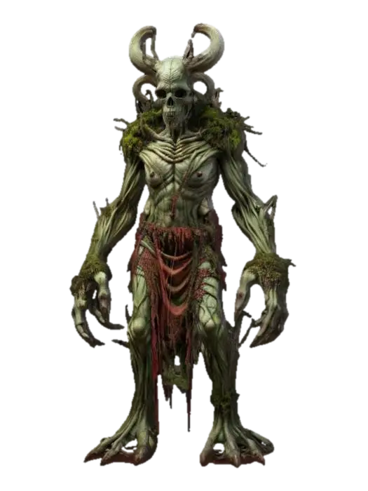fantasy creature of humanoid appearance, tree-like body with detailed skull of… - Terrifying 3D model, vytvořený pomocí AI
