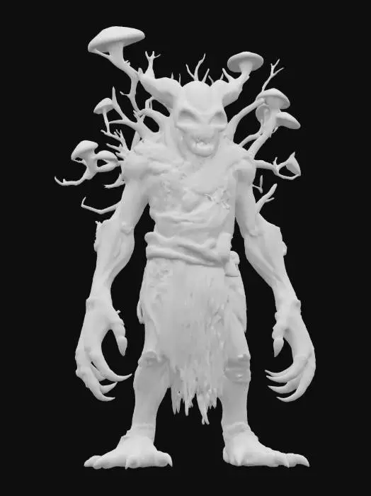 3D model for fantasy creature of humanoid appearance, tree-like body with detailed skull of an ancient monster, body covered in loose rags, body covered with mushrooms, moss and branches, forelimbs extended forward with long claws, terrifying stance, extremely detailed, high sharp resolution texture, epic stance