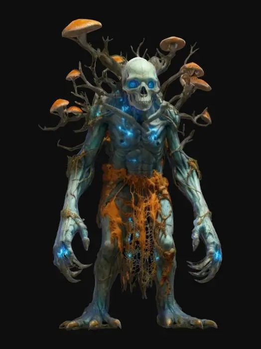 3D model for fantasy creature of humanoid appearance, tree-like body with detailed skull of an ancient monster, body covered in loose rags, body covered with mushrooms, moss and branches, forelimbs extended forward with long claws, terrifying stance, extremely detailed, high sharp resolution texture, epic stance
