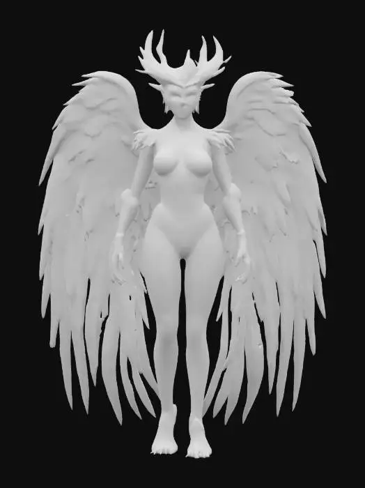 3D model for fantasy sci-fi cyber female humanoid harpy, feathered elegant body, claws ending in claws, beautifully colored wings, detailed pretty face, elegant stance, extremely detailed, high sharp resolution texture, epic stance