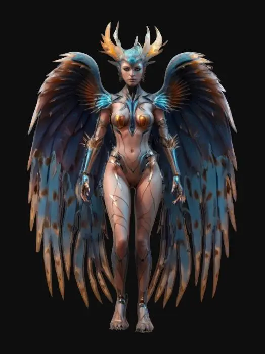 3D model for fantasy sci-fi cyber female humanoid harpy, feathered elegant body, claws ending in claws, beautifully colored wings, detailed pretty face, elegant stance, extremely detailed, high sharp resolution texture, epic stance
