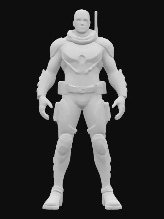 3D model for sci-fi interplanetary fighter, elegant muscular body, tight clothing tailored to the body, action stance, extremely detailed face, striking light glowing effects on the body, special devices on the body, extremely detailed, high sharp resolution texture, epic stance