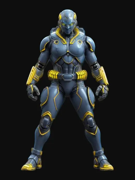 3D model for sci-fi interplanetary fighter, elegant muscular body, tight clothing tailored to the body, action stance, extremely detailed face, striking light glowing effects on the body, special devices on the body, extremely detailed, high sharp resolution texture, epic stance