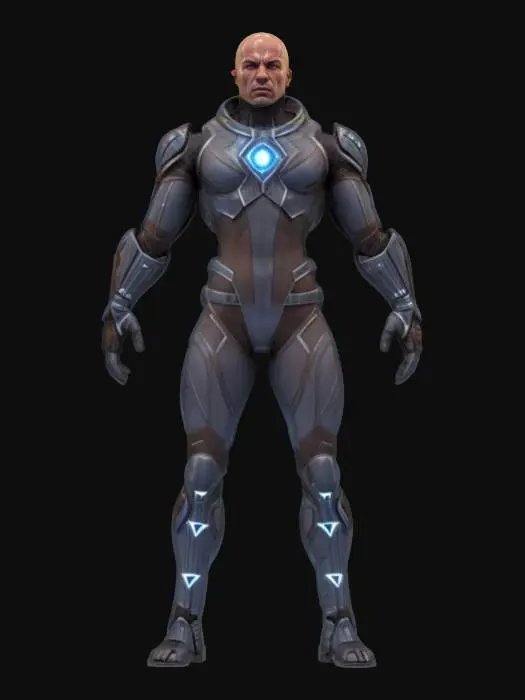 3D model for sci-fi interplanetary fighter, elegant muscular body, tight clothing tailored to the body, action stance, extremely detailed face, striking light glowing effects on the body, special devices on the body, extremely detailed, high sharp resolution texture, epic stance