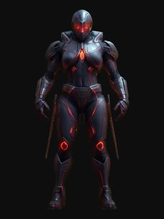 3D model for sci-fi interplanetary fighter, elegant muscular body, tight clothing tailored to the body, action stance, extremely detailed face, striking light glowing effects on the body, special devices on the body, extremely detailed, high sharp resolution texture, epic stance