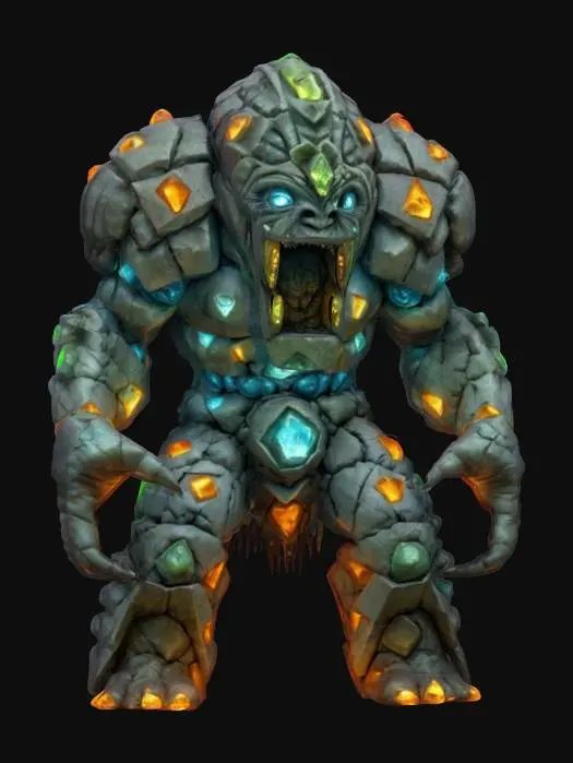 3D model for fantasy magic golem, body made of stones and magic stones, enraged golem spewing terrifying energy, golem in action, detailed enraged face, extremely detailed, high sharpresolution texture, epic stance