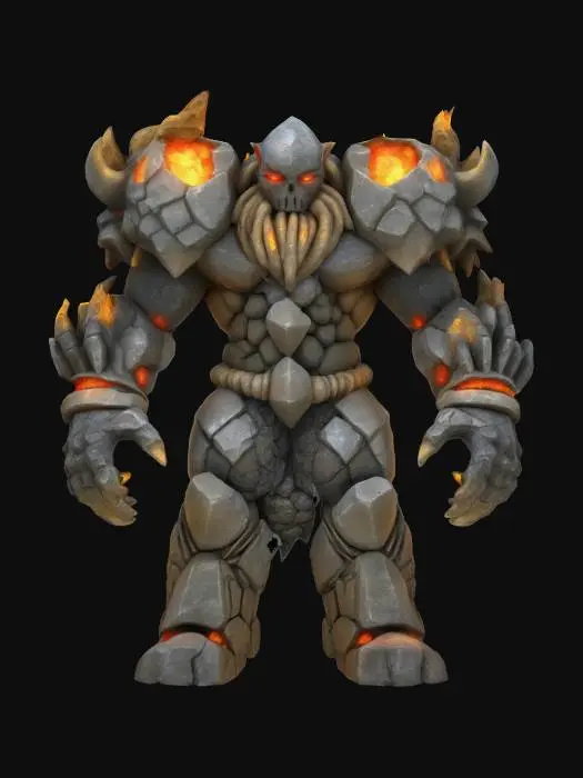 3D model for fantasy magic golem, body made of stones and magic stones, enraged golem spewing terrifying energy, golem in action, detailed enraged face, extremely detailed, high sharpresolution texture, epic stance