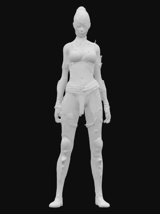 3D model for sci-fi elegant female warrior, slim muscular body, elegant tattoos all over body, underwear from armor, slim sharp spikes on forearms pointing forward, detailed beautiful masked face, extremely detailed, high ultra sharping texture, epic stance