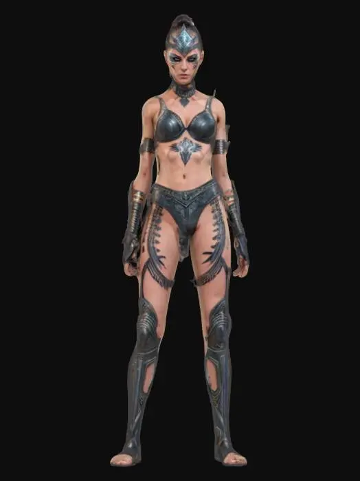 3D model for sci-fi elegant female warrior, slim muscular body, elegant tattoos all over body, underwear from armor, slim sharp spikes on forearms pointing forward, detailed beautiful masked face, extremely detailed, high ultra sharping texture, epic stance