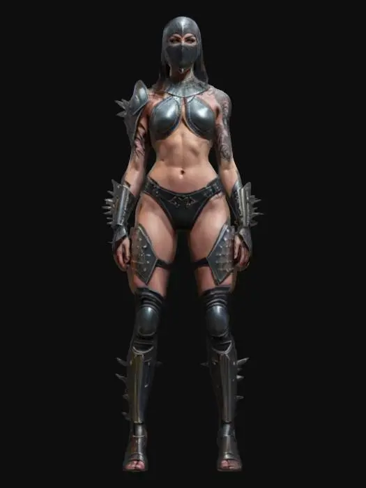 3D model for sci-fi elegant female warrior, slim muscular body, elegant tattoos all over body, underwear from armor, slim sharp spikes on forearms pointing forward, detailed beautiful masked face, extremely detailed, high ultra sharping texture, epic stance