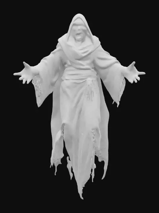 3D model for fantasy ghost enraged, body floating in the air, torn robe fluttering on his body, outstretched arms forward in front of him, detailed scary face ghost, extremely detailed, high sharp resolution texture, epic stance