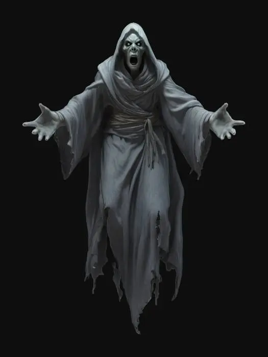3D model for fantasy ghost enraged, body floating in the air, torn robe fluttering on his body, outstretched arms forward in front of him, detailed scary face ghost, extremely detailed, high sharp resolution texture, epic stance