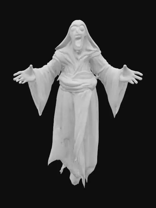 3D model for fantasy ghost enraged, body floating in the air, torn robe fluttering on his body, outstretched arms forward in front of him, detailed scary face ghost, extremely detailed, high sharp resolution texture, epic stance