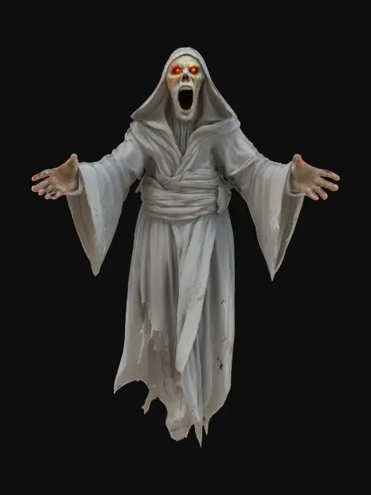 3D model for fantasy ghost enraged, body floating in the air, torn robe fluttering on his body, outstretched arms forward in front of him, detailed scary face ghost, extremely detailed, high sharp resolution texture, epic stance