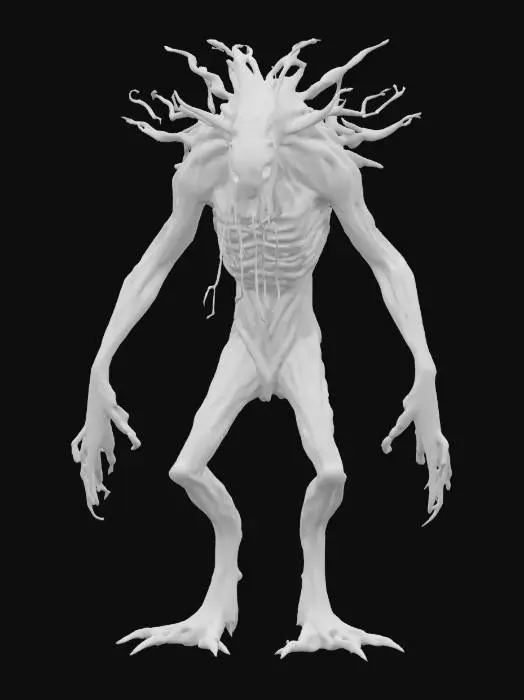 3D model for fantasy tree humanoid monster, body masive coiled from branches, many long branchy tendrils grow from the body like spider tentacles, detailed scary face with glowing eyes, extremely detailed, high sharp resolution texture, epic stance