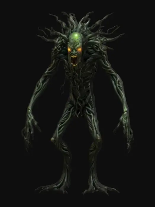 3D model for fantasy tree humanoid monster, body masive coiled from branches, many long branchy tendrils grow from the body like spider tentacles, detailed scary face with glowing eyes, extremely detailed, high sharp resolution texture, epic stance