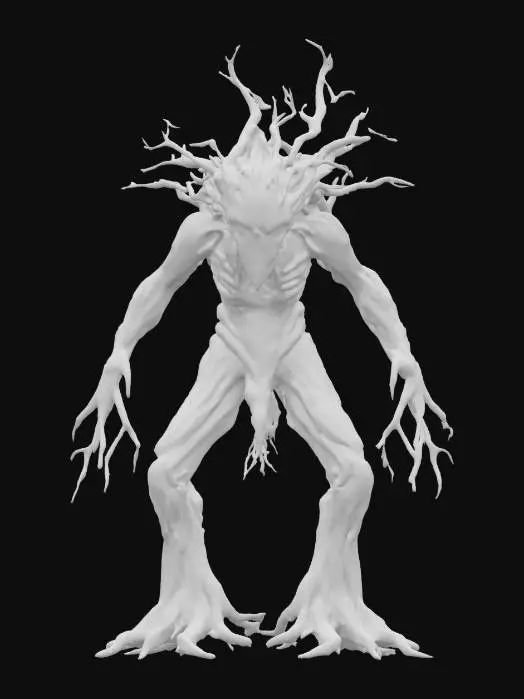 3D model for fantasy tree humanoid monster, body masive coiled from branches, many long branchy tendrils grow from the body like spider tentacles, detailed scary face with glowing eyes, extremely detailed, high sharp resolution texture, epic stance