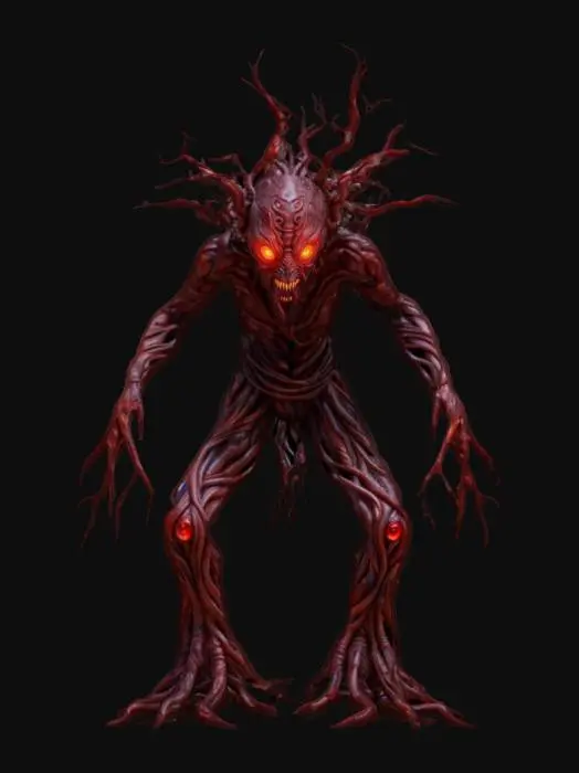 3D model for fantasy tree humanoid monster, body masive coiled from branches, many long branchy tendrils grow from the body like spider tentacles, detailed scary face with glowing eyes, extremely detailed, high sharp resolution texture, epic stance