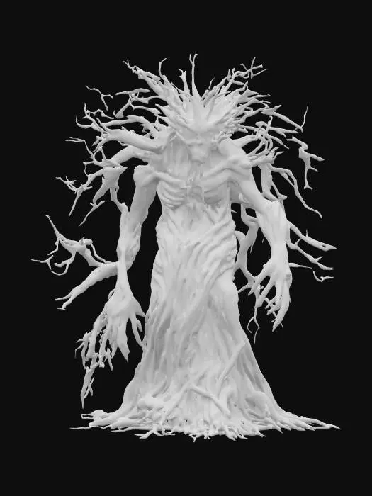 3D model for fantasy tree humanoid monster, body masive coiled from branches, many long branchy tendrils grow from the body like spider tentacles, detailed scary face with glowing eyes, extremely detailed, high sharp resolution texture, epic stance