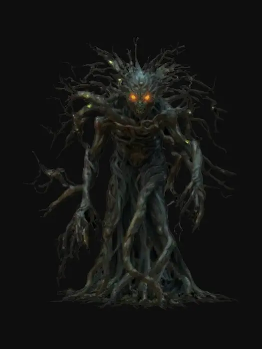 3D model for fantasy tree humanoid monster, body masive coiled from branches, many long branchy tendrils grow from the body like spider tentacles, detailed scary face with glowing eyes, extremely detailed, high sharp resolution texture, epic stance