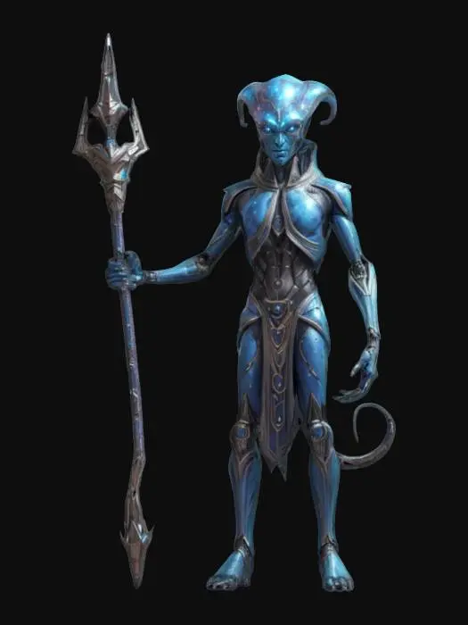 3D model for fantasy alien humanoid morphed into a magician, elegant muscular body, body is dressed in elegant alien clothing, details on the clothing are made of alien metal, color design in shades of space nebulae, in his hand he holds a staff which is also a magic weapon, detailed face, extremely detailed texture with high sharp resolution, epic stance