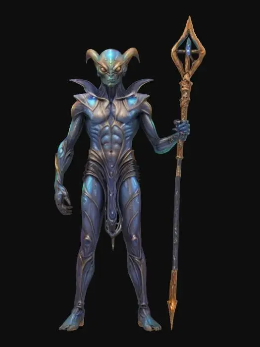 3D model for fantasy alien humanoid morphed into a magician, elegant muscular body, body is dressed in elegant alien clothing, details on the clothing are made of alien metal, color design in shades of space nebulae, in his hand he holds a staff which is also a magic weapon, detailed face, extremely detailed texture with high sharp resolution, epic stance