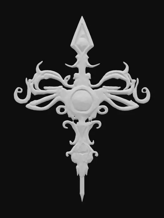 3D model for fantasy emblem for an alien entity of a magician, details on the emblem are made of alien metal, color design in shades of space nebulae, emblem is complemented by a magic weapon, extremely detailed, texture with high sharp resolution, epic performance, #emblem#