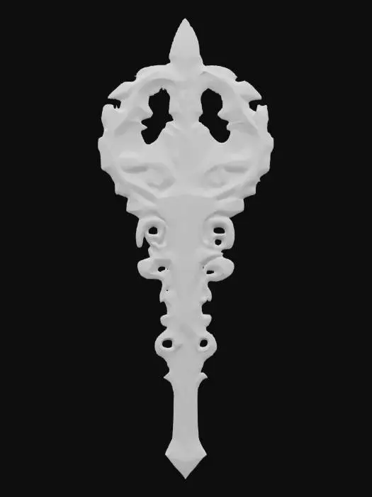 3D model for fantasy emblem for an alien entity of a magician, details on the emblem are made of alien metal, color design in shades of space nebulae, emblem is complemented by a magic weapon, extremely detailed, texture with high sharp resolution, epic performance, #emblem#