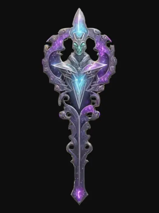 3D model for fantasy emblem for an alien entity of a magician, details on the emblem are made of alien metal, color design in shades of space nebulae, emblem is complemented by a magic weapon, extremely detailed, texture with high sharp resolution, epic performance, #emblem#