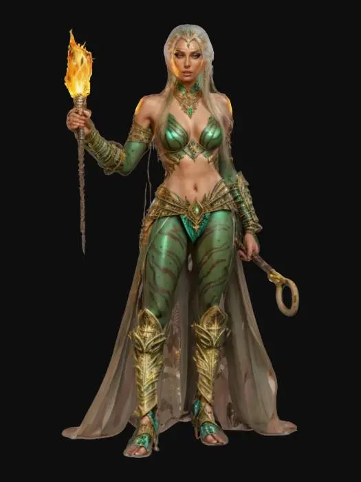 3D model for fantasy exotic beautiful woman warrior, slim elegant body, dressed in basilisk skin, body adorned with distinctive jewelry and gems shining in the light, holding a magical fire staff in her hand, detailed beautiful face, groomed hair, extremely detailed, high sharp resolution texture, epic stance
