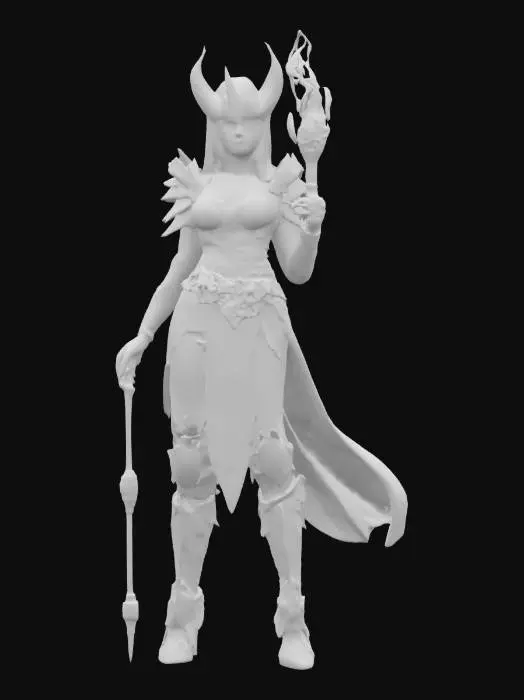 3D model for fantasy exotic beautiful woman warrior, slim elegant body, dressed in basilisk skin, body adorned with distinctive jewelry and gems shining in the light, holding a magical fire staff in her hand, detailed beautiful face, groomed hair, extremely detailed, high sharp resolution texture, epic stance