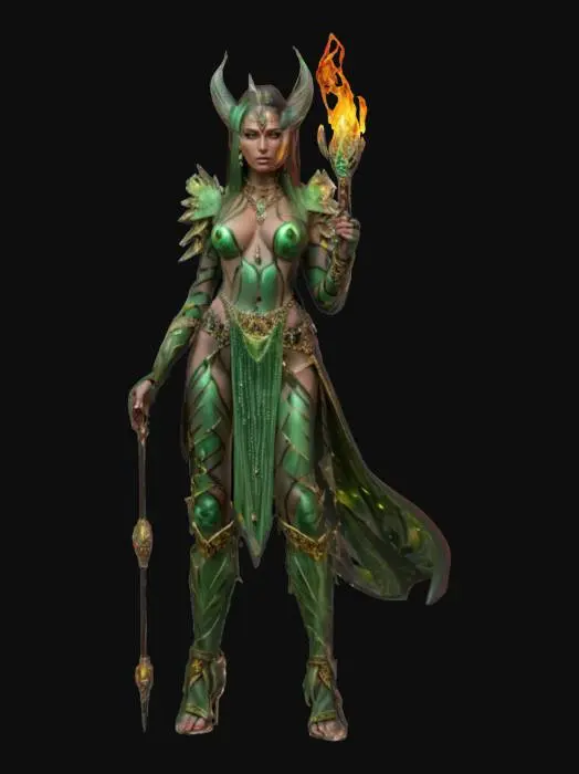 3D model for fantasy exotic beautiful woman warrior, slim elegant body, dressed in basilisk skin, body adorned with distinctive jewelry and gems shining in the light, holding a magical fire staff in her hand, detailed beautiful face, groomed hair, extremely detailed, high sharp resolution texture, epic stance