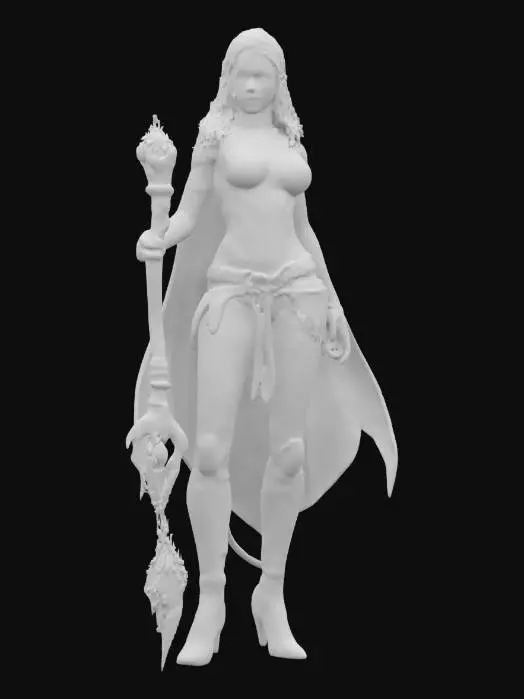 3D model for fantasy exotic beautiful woman warrior, slim elegant body, dressed in basilisk skin, body adorned with distinctive jewelry and gems shining in the light, holding a magical fire staff in her hand, detailed beautiful face, groomed hair, extremely detailed, high sharp resolution texture, epic stance