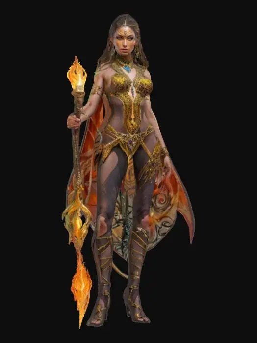 3D model for fantasy exotic beautiful woman warrior, slim elegant body, dressed in basilisk skin, body adorned with distinctive jewelry and gems shining in the light, holding a magical fire staff in her hand, detailed beautiful face, groomed hair, extremely detailed, high sharp resolution texture, epic stance
