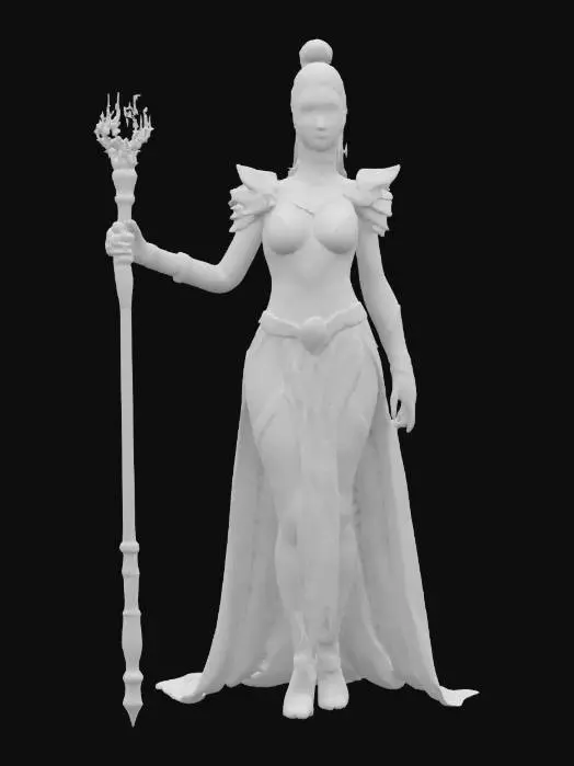 3D model for fantasy exotic beautiful woman warrior, slim elegant body, dressed in basilisk skin, body adorned with distinctive jewelry and gems shining in the light, holding a magical fire staff in her hand, detailed beautiful face, groomed hair, extremely detailed, high sharp resolution texture, epic stance