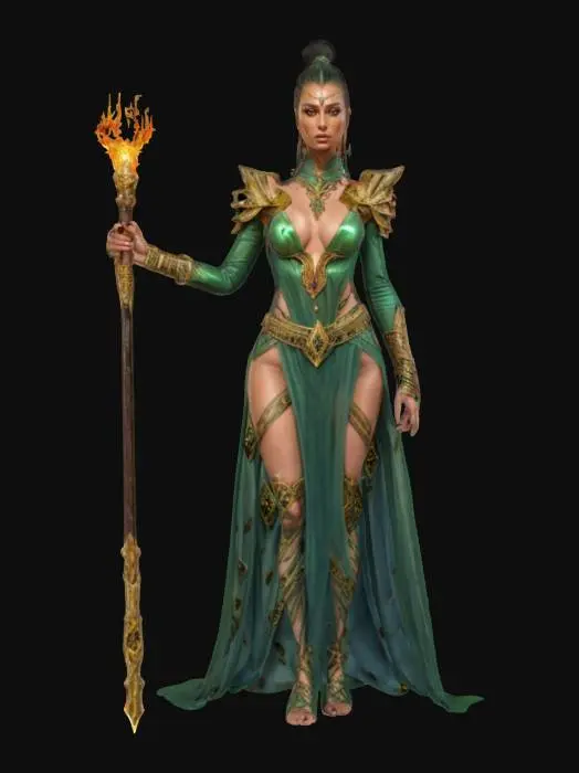 3D model for fantasy exotic beautiful woman warrior, slim elegant body, dressed in basilisk skin, body adorned with distinctive jewelry and gems shining in the light, holding a magical fire staff in her hand, detailed beautiful face, groomed hair, extremely detailed, high sharp resolution texture, epic stance