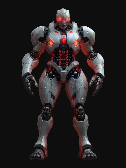 3D model for sci-fi cyborg killer, powerful body half robotic and half bioorganic, robotic parts glowing, body dressed in armor, detailed scary face, extremely detailed, high sharp resolution texture, epic stance
