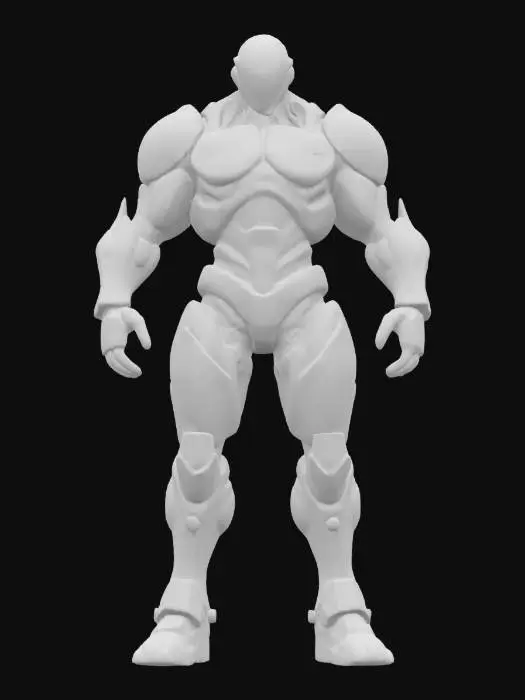 3D model for sci-fi cyborg killer, powerful body half robotic and half bioorganic, robotic parts glowing, body dressed in armor, detailed scary face, extremely detailed, high sharp resolution texture, epic stance