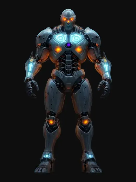3D model for sci-fi cyborg killer, powerful body half robotic and half bioorganic, robotic parts glowing, body dressed in armor, detailed scary face, extremely detailed, high sharp resolution texture, epic stance