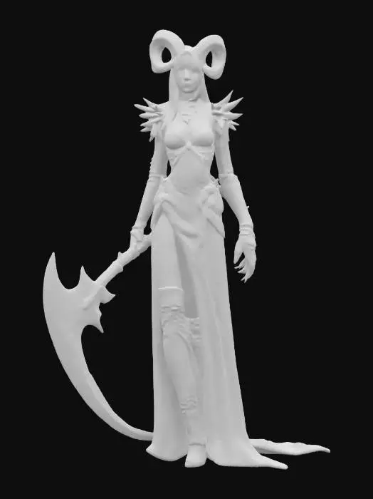 3D model for fantasy female demon with scythe, slim elegant body, elegantly dressed with embroidered emblems, detailed demonic look in face, extremely detailed, high sharp resolution texture, epic stance, #emblem#