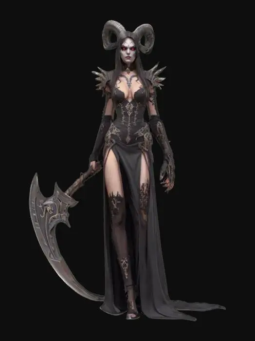 3D model for fantasy female demon with scythe, slim elegant body, elegantly dressed with embroidered emblems, detailed demonic look in face, extremely detailed, high sharp resolution texture, epic stance, #emblem#