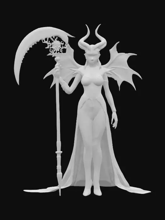 3D model for fantasy female demon with scythe, slim elegant body, elegantly dressed with embroidered emblems, detailed demonic look in face, extremely detailed, high sharp resolution texture, epic stance, #emblem#